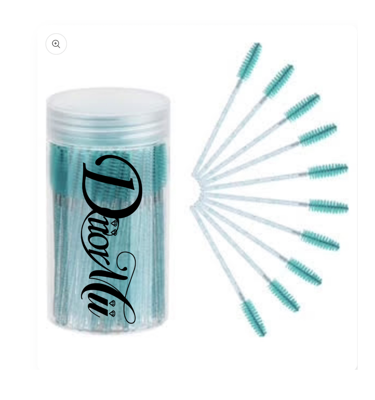 Set of DiiorMii eyelash brushes with a clear container on a white background